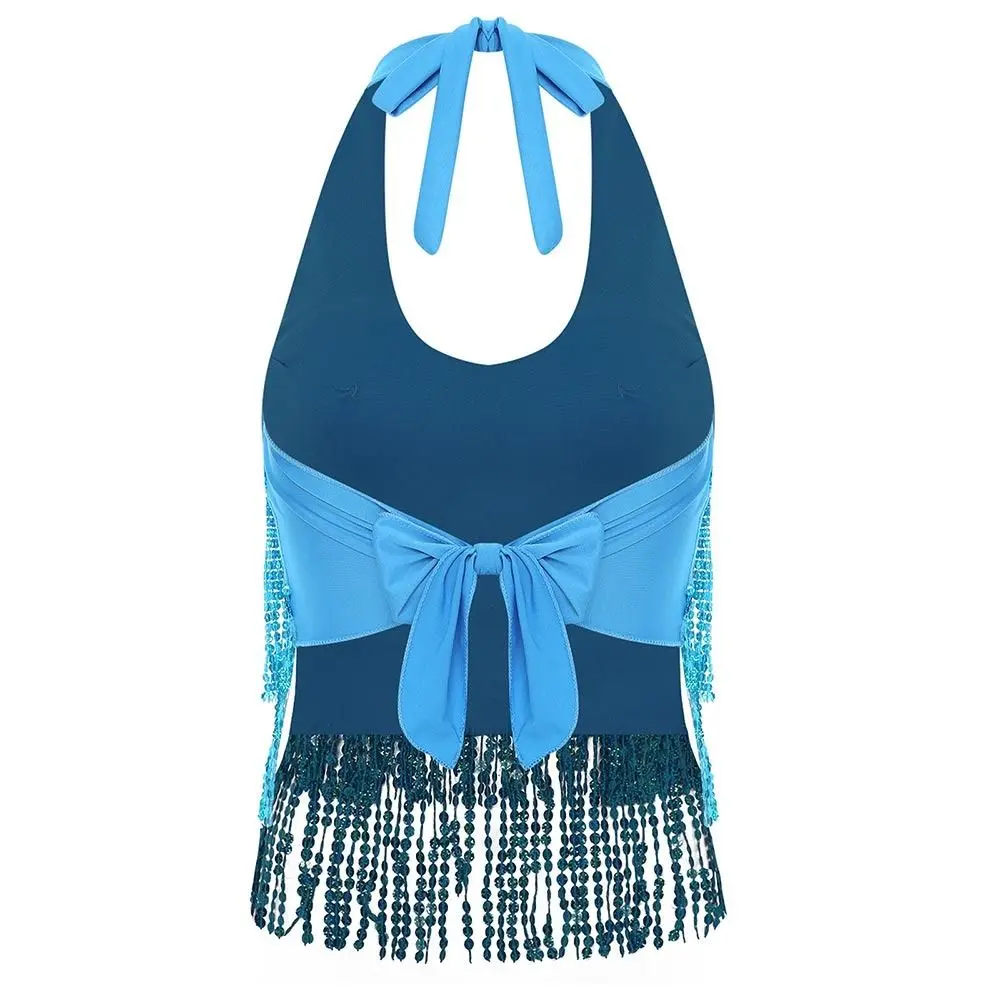 Bezauberndes Glänzendes Bauchtanz-BH-Top mit Neckholder und Quasten, Ärmelloses Lateintanz-Oberteil für Bühnenauftritte