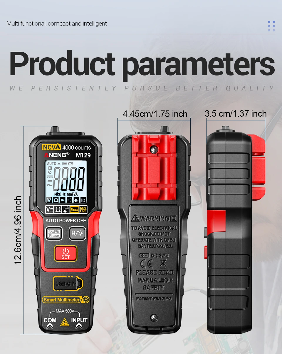 ANENG M129 Wiederaufladbares Digitales Multimeter 4000 Anzeigen NCV AC DC Spannungs- und Widerstandsmessgerät mit Taschenlampe und Auto-Range-Funktion – Detail 10