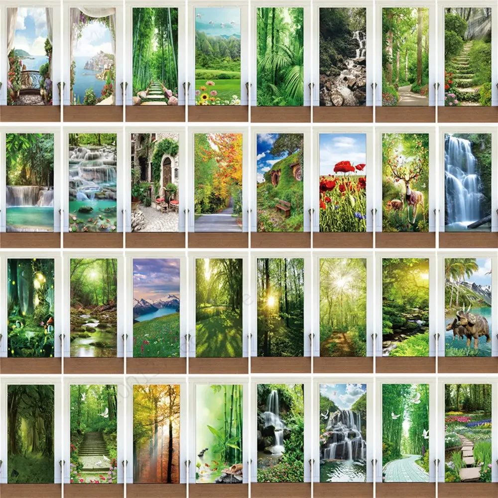 Pegatina de puerta de paisaje forestal Primeval, papel tapiz adhesivo de PVC, calcomanías de cuento de hadas de ciudad de arte de pared, cubierta de