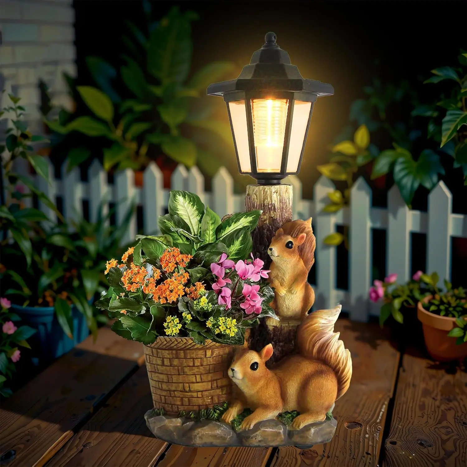 

Solar Squirrels Outdoor Statues, Garden Sculptures with Flowerpot Decor & Solar Lantern for Yard Art Lawn Ornaments Porch Patio
