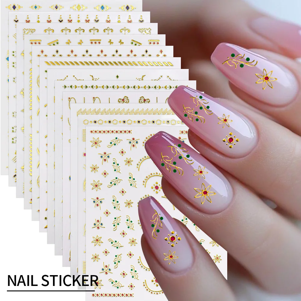 1 pz dorato lucido stella adesivi per unghie fiori erba linea francese bohemien decalcomanie per unghie retro stampa a caldo collana manicure cursore