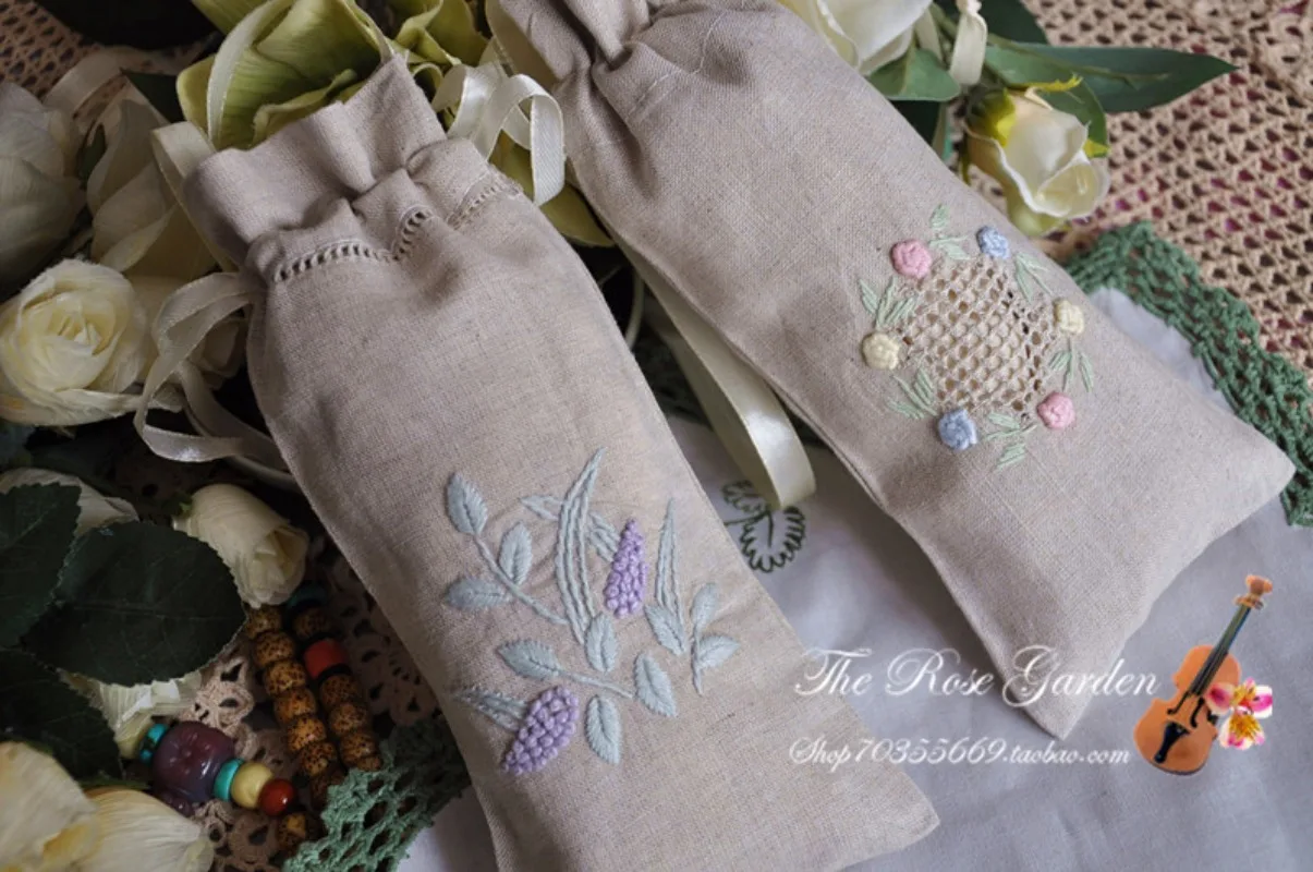 2PCS Linen Hand Embroidered Mobile Phone Bag Glasses Bag Storage Bag Gift Bundle Pocket