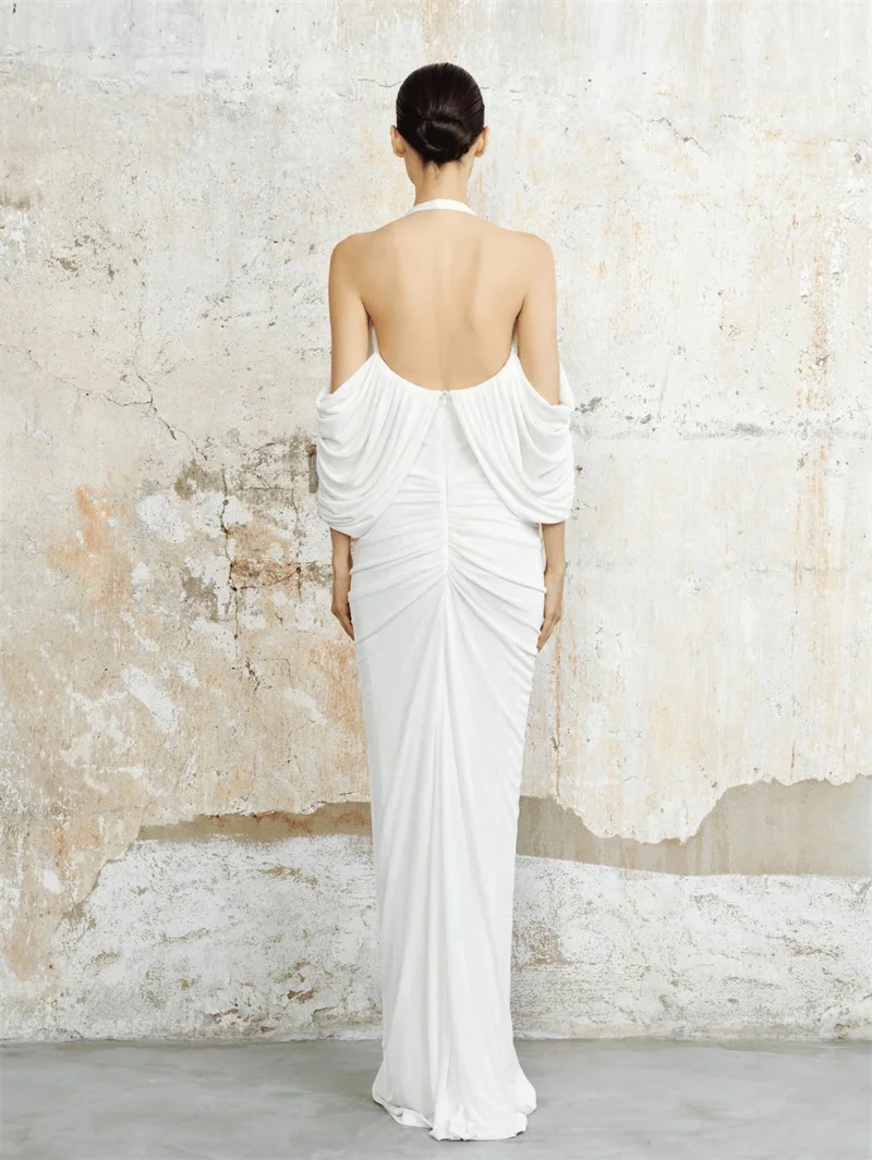 VC White Halter Neck Maxi Gown Draped Cold Shoulder Ruched Bodycon Long Dress Women Elegant Formal Wedding Evening Dress