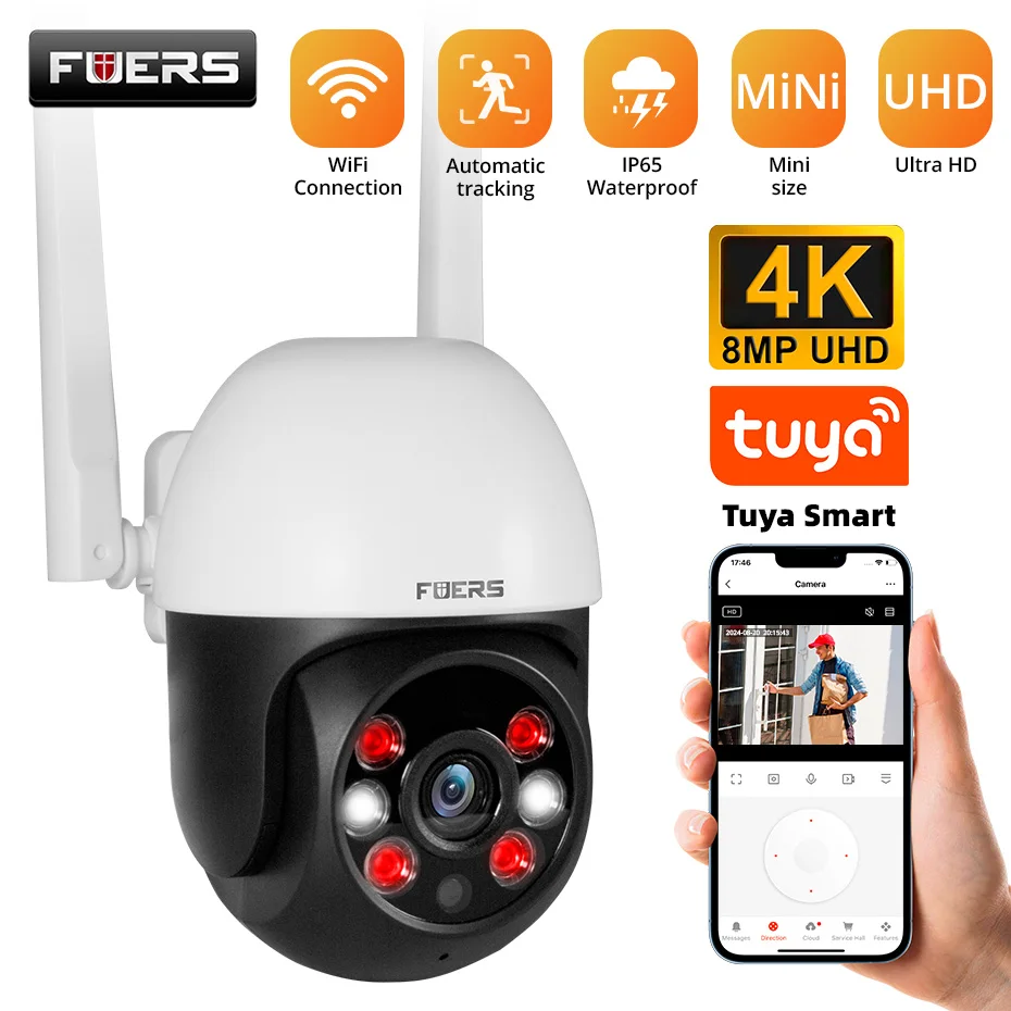 Fuers 4K 8MP Tuya Smart Wifi Surveillance Camera Wireless Outdoor Home Security PTZ IP Cameras AI Human Detect CCTV Mini Camera