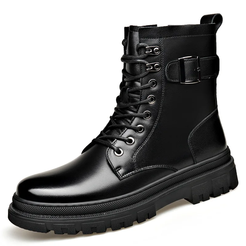 Bottes de moto en cuir véritable pour hommes, mode décontractée, couleur unie, nouvelle boucle, bottes à plateforme de styliste, automne et hiver