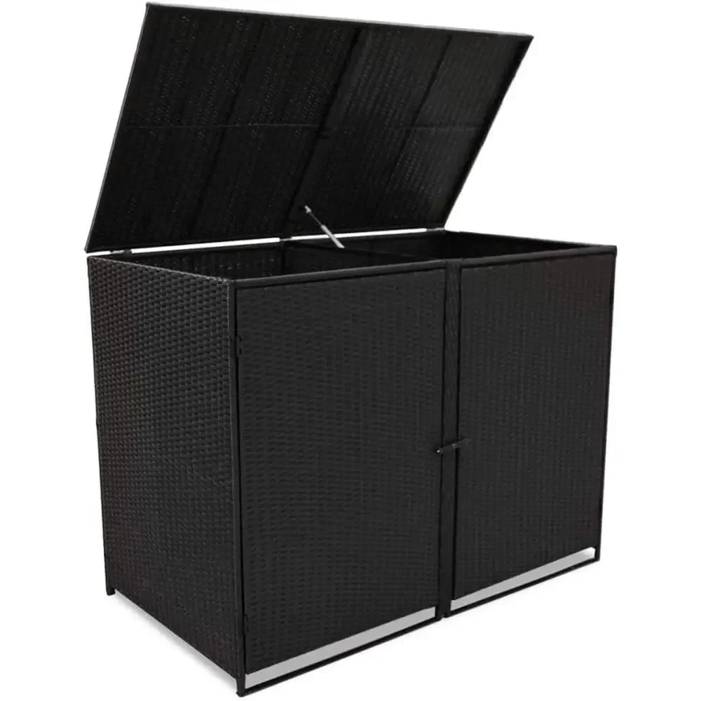 Outdoor Double Waste Bin Storage Shed for Patio Garden in Black Poly Rattan Style