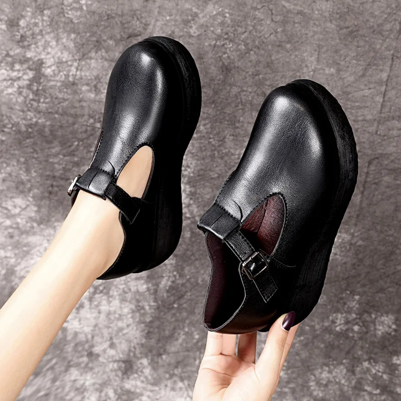 2024 New Autumn Handmade Retro Shoes Women PU Leather Shoes Lady Muffin Platform Soft Comfortable Mother Flat Shoes Black Brown