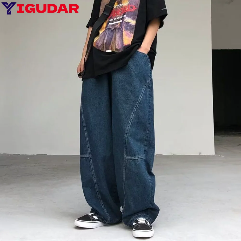 

Japanese Jeans Men's Fashion Baggy Solid Color Casual Stitching Trousers Street Straight Harajuku Denim Pants pantalon homme