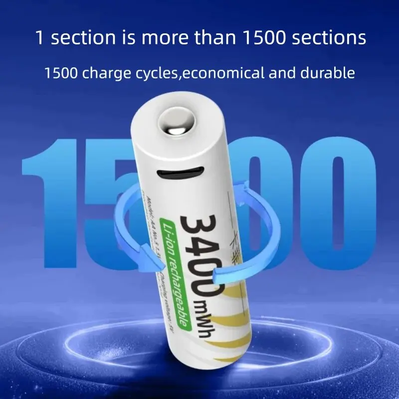1.5 فولت AA 3400mWh + AAA 800mWh مجموعة بطارية ليثيوم قابلة للشحن مع USB-C شحن سريع نوع C كابل النقل الجوي