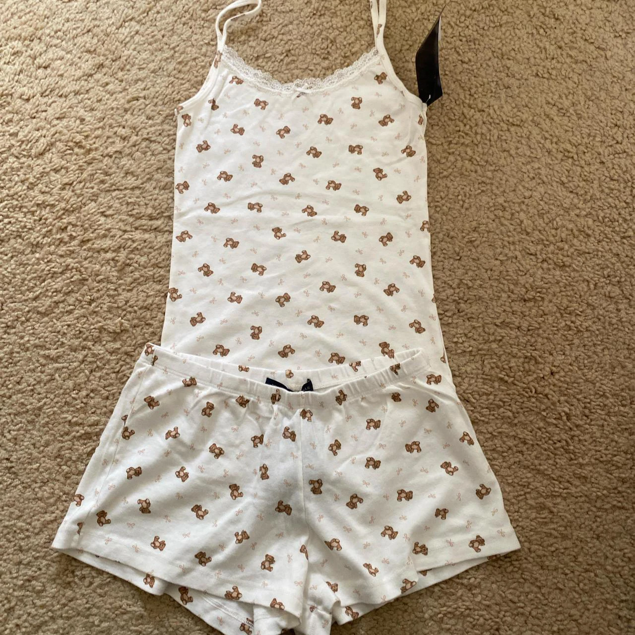 Cute Little Bear Bow Print Shorts Sets Women Lace Trim Slim Sleeveless Vest Summer Elastic Waist Cotton Sweet Home Pajamas Set