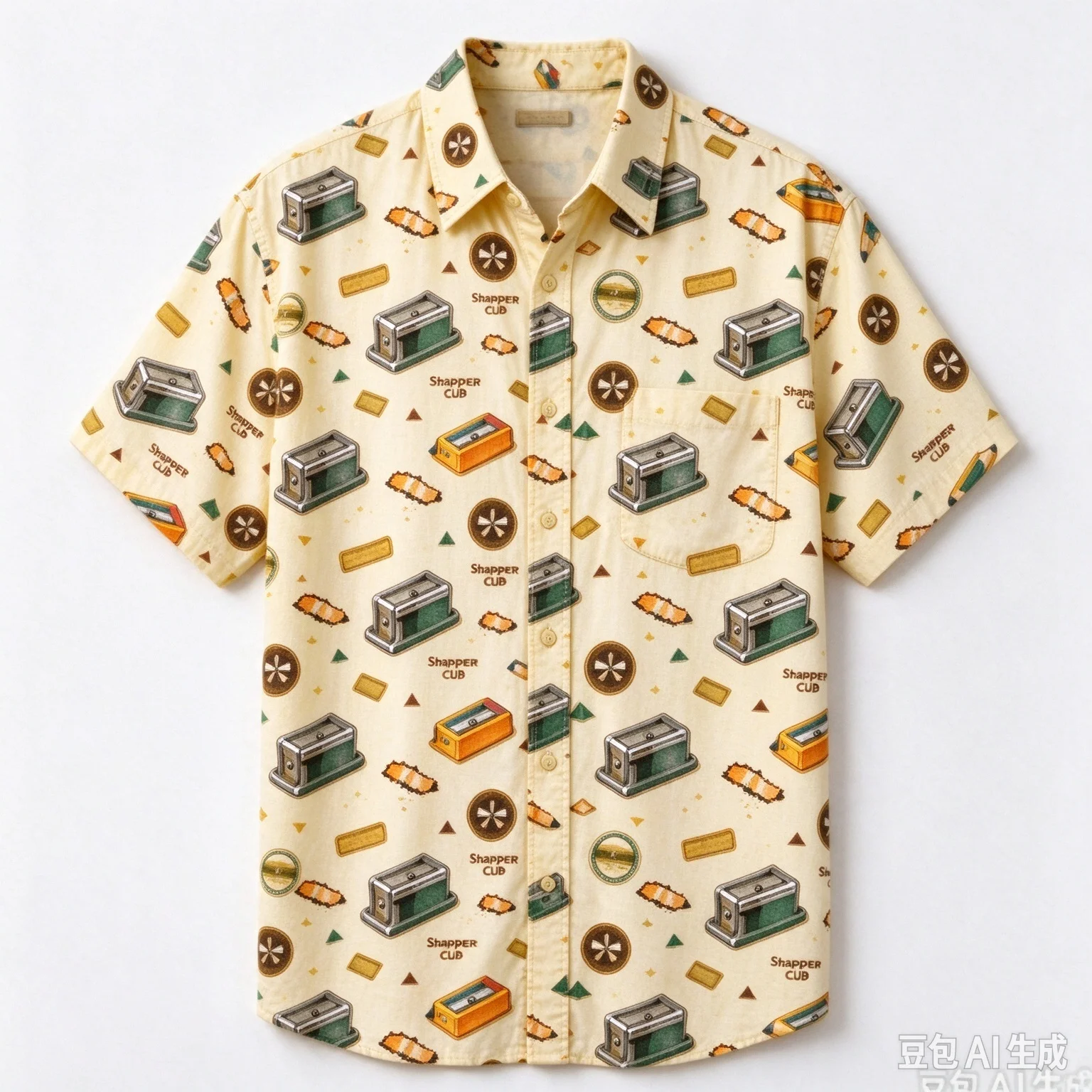 Men Women Unisex Allover Pencil Sharpener Print Short Sleeve Shirt, Vintage Stationery Pattern Button Down Tops, Loose Fit Cotto