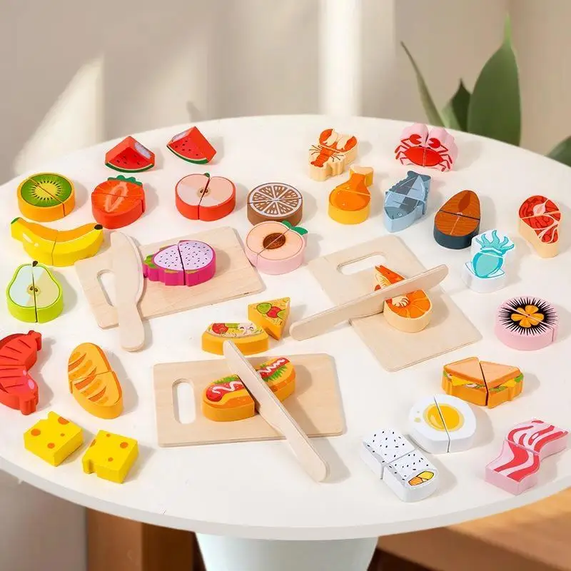 Pretend Wooden Kitchen Playset - Simulated Cutting Fruit, Velcro Toy Set, Perfect for Montessori Educational Toys for Children