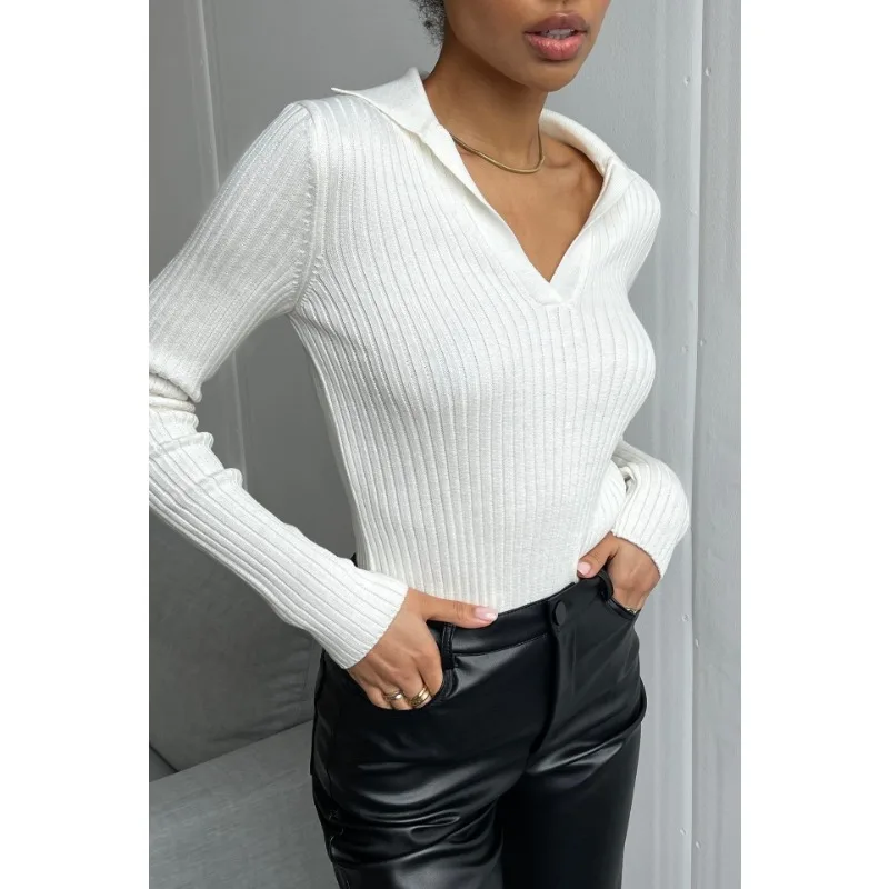 Polo Shirt Long Sleeve Knit Sweater Women White Pullover Autumn Winter Tops Knit T-shirt Chic Slim Korean Fashion Y2k Tops