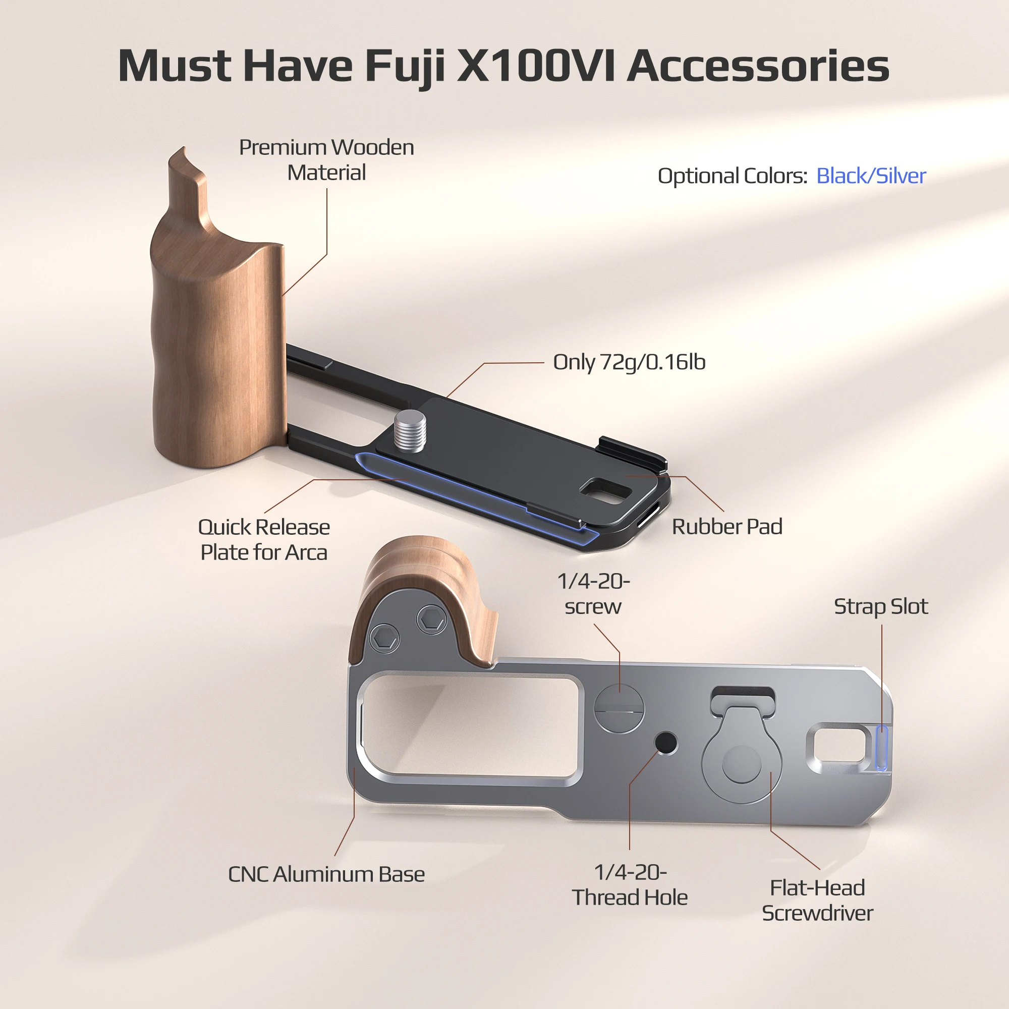 كاميرا Freewell Fuji X100VI عدسة مقربة 1.5x، عدسة ماكرو بزاوية واسعة، غطاء عدسة حقيقي، قبضة الإبهام وملحقات قبضة قوس L