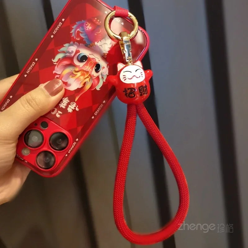 

Woven Thick Mobile Phone Lanyard Red Rope Lucky Cat Wrist Rope Portable Clip Type Metal Circle Mobile Phone Case Universal Sling