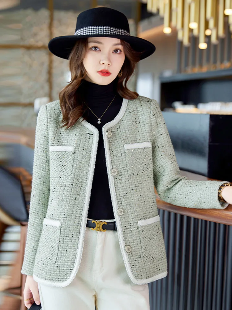 High Quality Autumn Winter Elegant Tweed Blazer Jacket Coat Women Long Sleeve O-neck Korean Fashion OL Woolen Outwear 4XL