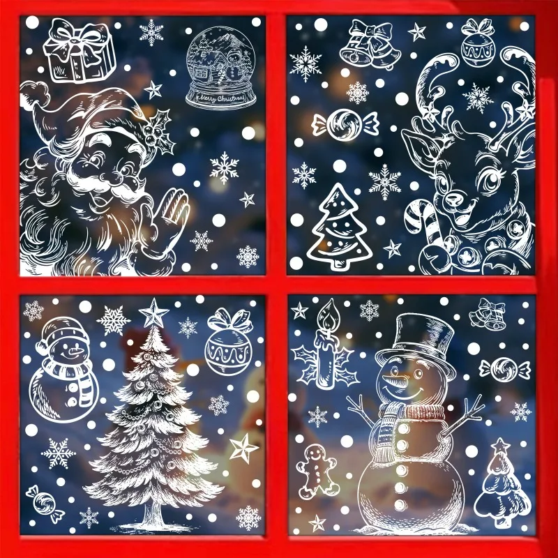 2PCS Christmas Party Sticker PVC White Hollow‑out Christmas Party Sticker Holiday Pattern Static Window Cling Glass Window Home