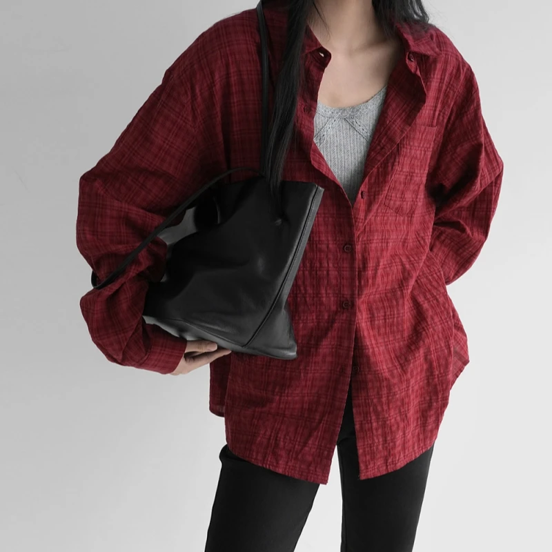 Lazy Style Casual Loose Plaid Shirt Women's Ageless Long Sleeve Shirt Comfortable Breathable Fashionable Spring Autumn Wear