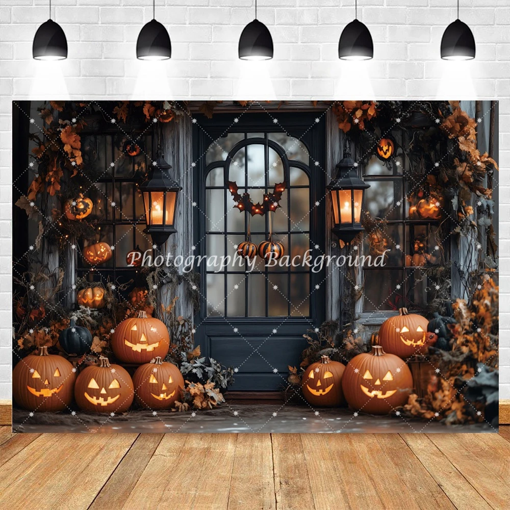 Haunted Autumn Cabin Backdrop Wooden House Pumpkins Maple Leaves Spooky Halloween Party Photography Background Portrait Decor