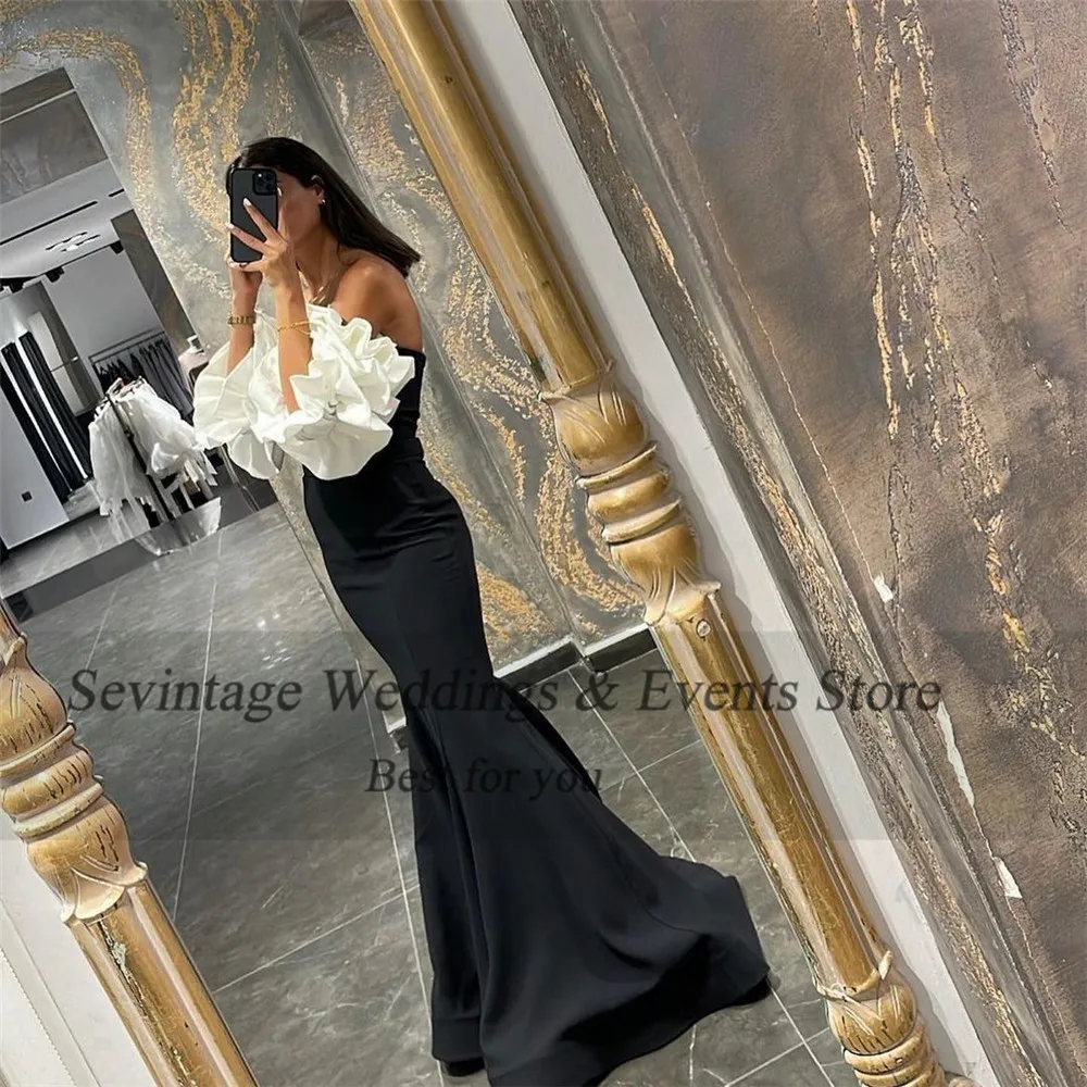 Customized Black And White Saudi Arabic Mermaid Prom Dresses Ruffles Floor Length Evening Dress Women Formal Party Gowns 2023