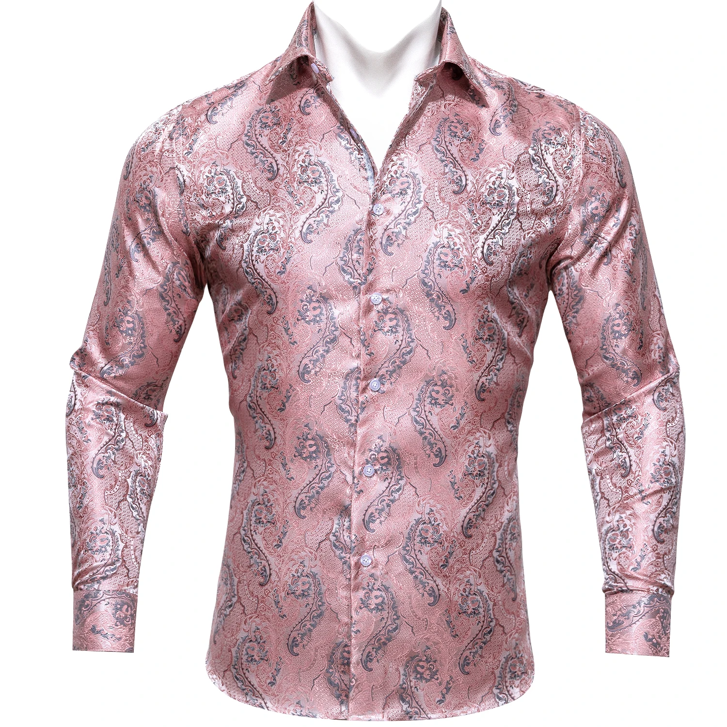 Exquisite Silk Shirts for Men Pink Floral Four Seasons Lapel Long Sleeve Embroidered Casual Fit Party Wedding Barry.Wang CY-0419