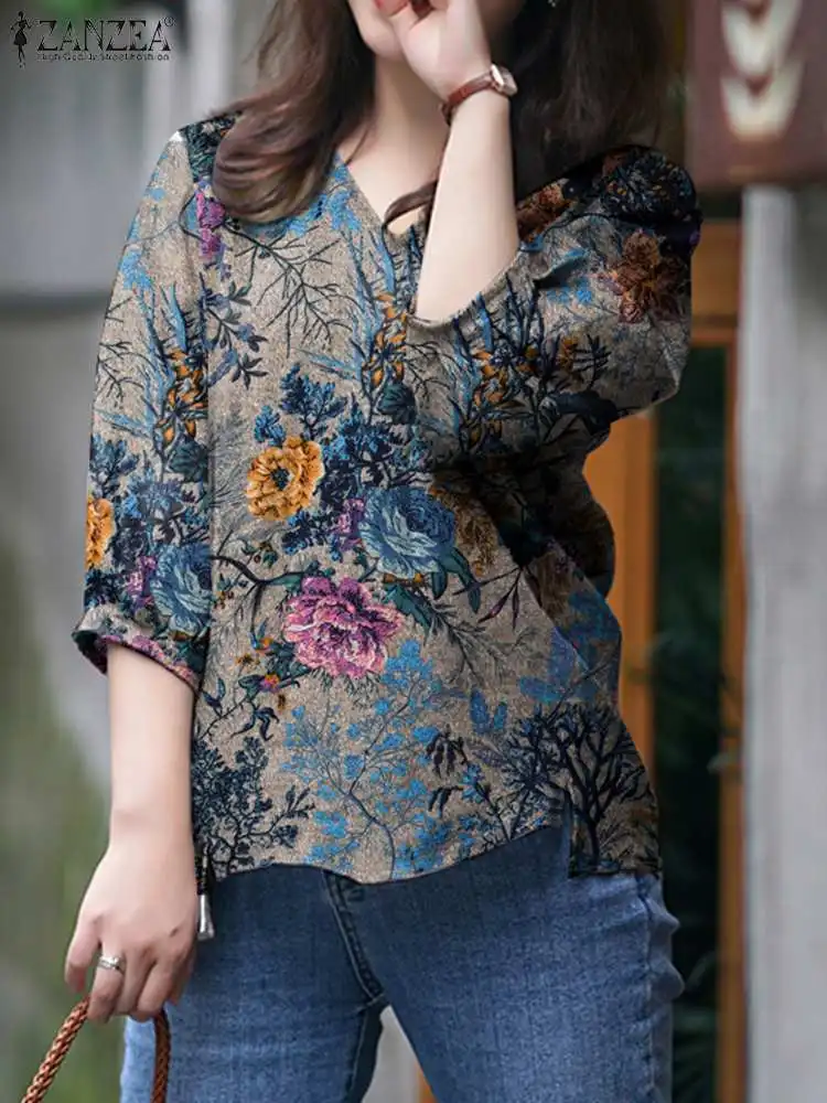 ZANZEA 2023 Women Blouses Summer Autumn Bohemian Three Quarter Sleeve Floral Printed Blusas Casual Tops Tunic Cotton Blouse