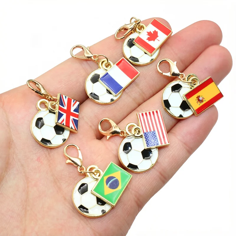10pcs Enamel National Flags of Countries Football Charms Pendant with Lobster Clasp DIY Keychain Jewelry Making Accessories