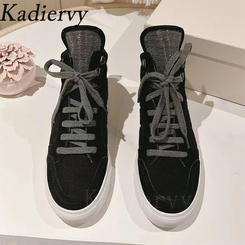 High Top Sneakers Women Chain String Bead Round Toe Lace Up Casual Outdoors Running Shoes Patchwork Flat Women\'s Sports Shoes