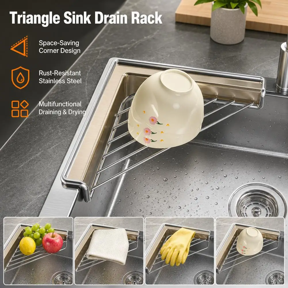 Triangle Sink Drain Rack 304 Stainless Steel Kitchen Corner Sponge Holder Dish Drying Basket Rustproof Organizer Storage Shelf