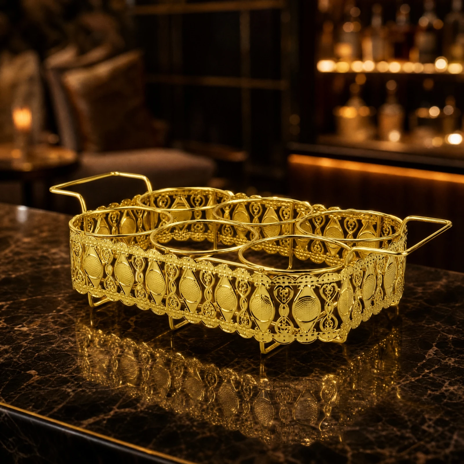 Gold Finish Iron Decorative Openwork Drink Tray with Side Handles and Circular Can Holder for Party Serving