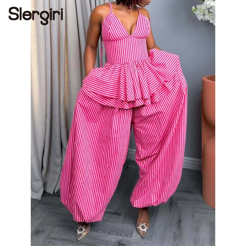 Slergiri Summer 2 Pieces Set Women's Vacation Outfit Striped V-Neck Backless Lace-up Layered Ruffle Hem Cami Top + Haren Pants