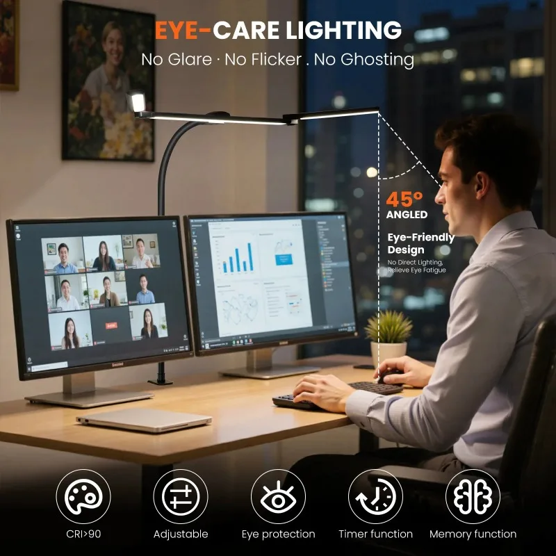 Three-Head Desk Lamp Clip-on LED Lamp Computer Screen Light Student Lamp 270 ° Adjustable Learning Light for Reading Studying