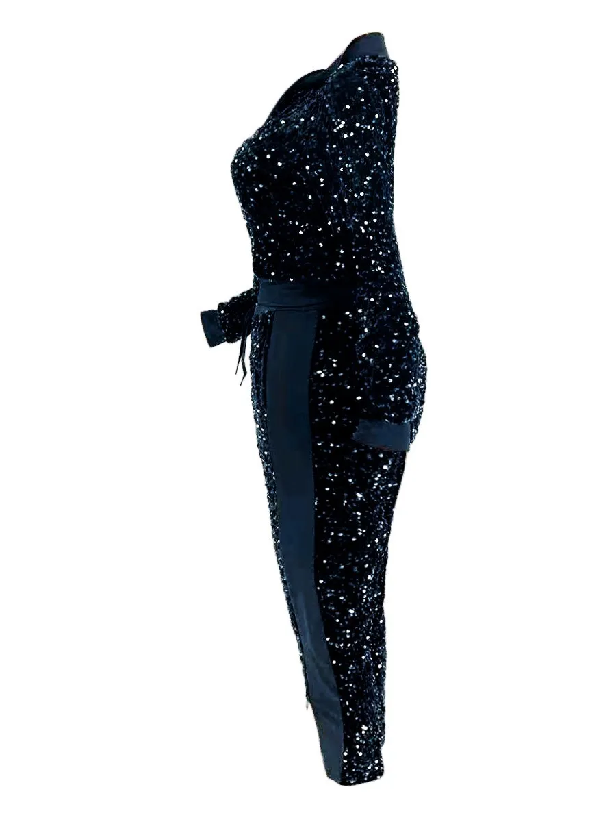 LW – ensemble pantalon à paillettes et fermeture éclair pour femme, tenue de soirée et boîte de nuit, couleur argent, à la mode, grande taille