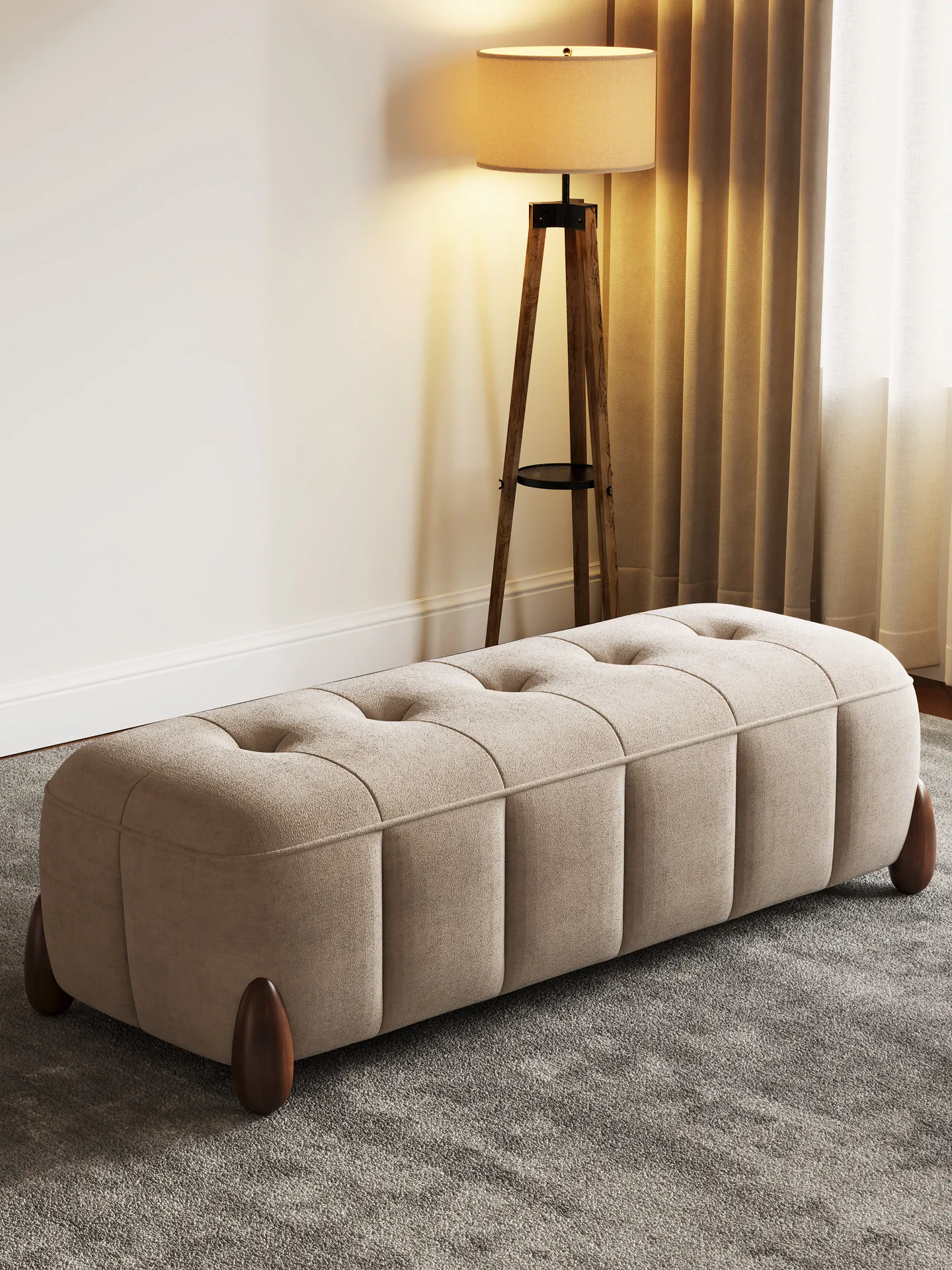 Entrance shoe change, sofa, bedroom end of bed, bench