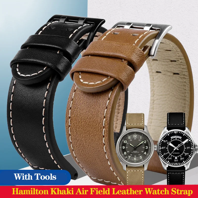 20mm 22mm Genuine Leather with Nails Watchband For Hamilton Khaki  H77616533 H70615733 Series Men\'s Watch Band Strap Wristband