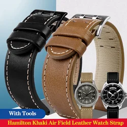 20mm 22mm Genuine Leather with Nails Watchband For Hamilton Khaki  H77616533 H70615733 Series Men's Watch Band Strap Wristband