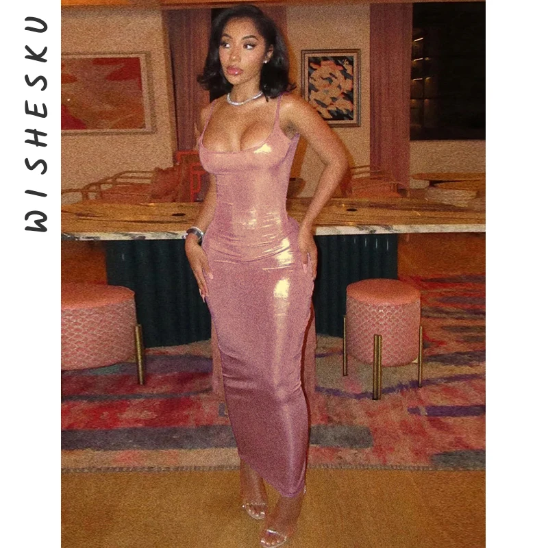 

Sexy Spaghetti Strap Backless Bodycon Maxi Dress Women Low Cut Glitter Party Vestido 2025 Summer Night Prom Hot Outfits