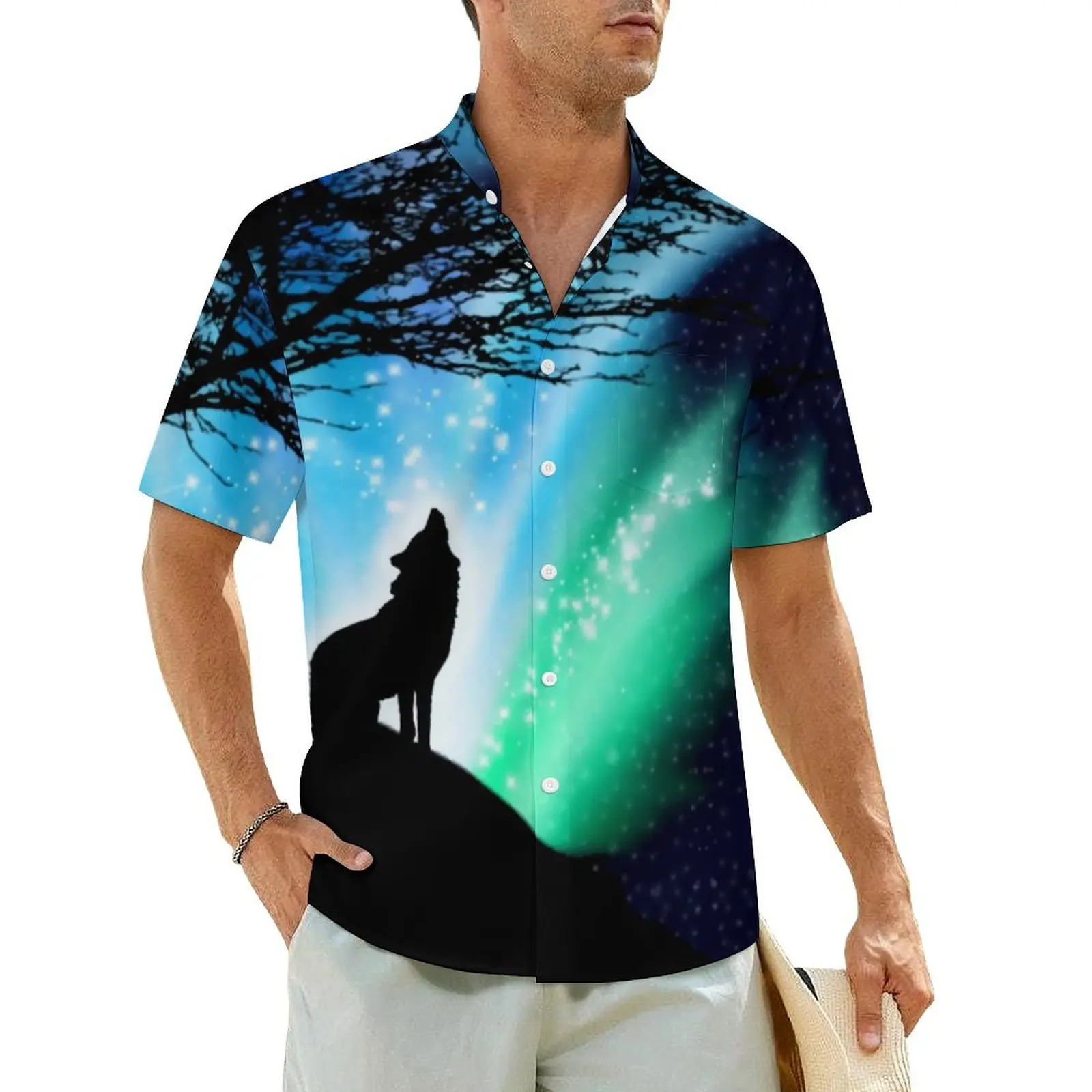 Wild Wolf Vacation Shirt Man Northern Lights Vintage Casual Shirts Hawaiian Short Sleeve Street Style Oversized Blouses Gift