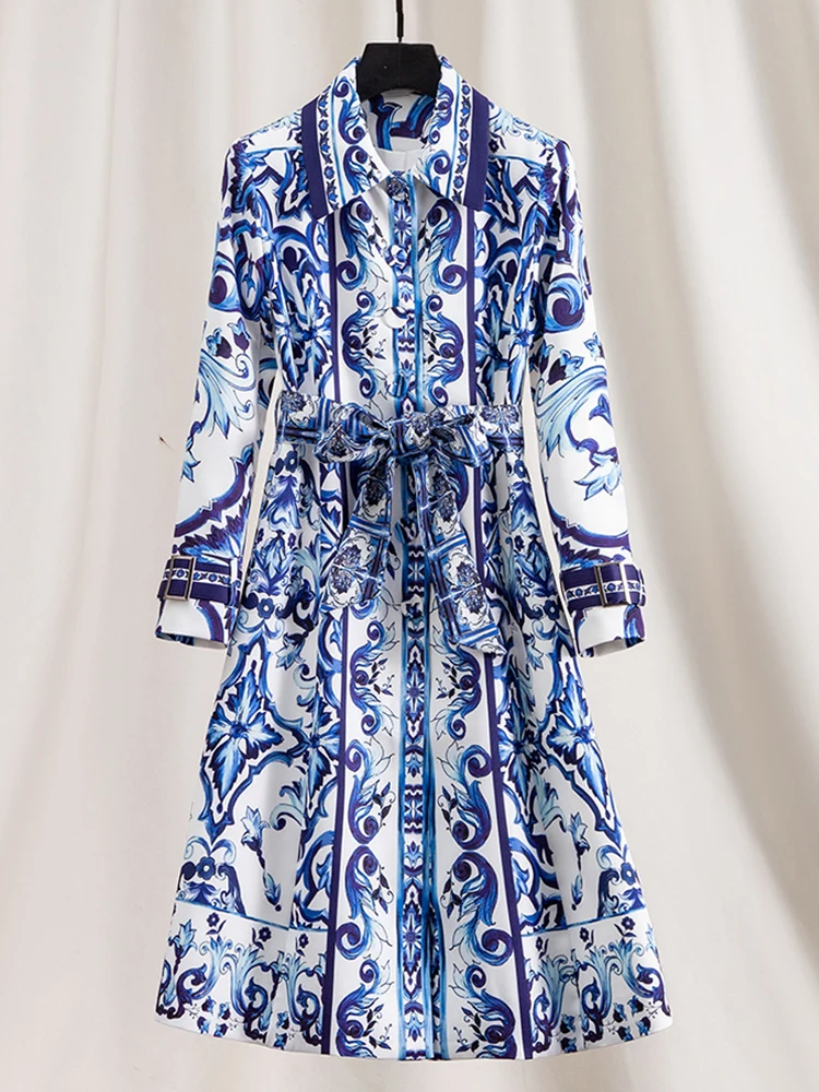 

2025 Spring women's retro blue and white porcelain print lapel cuff lacing up waist shift dress Fashion loose shirt dress