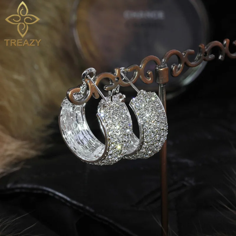 Diamante Silver Color Rhinestone Hoop Earrings for Women Crystal Statement Circle Earings Celebrity Wedding Party Jewelry