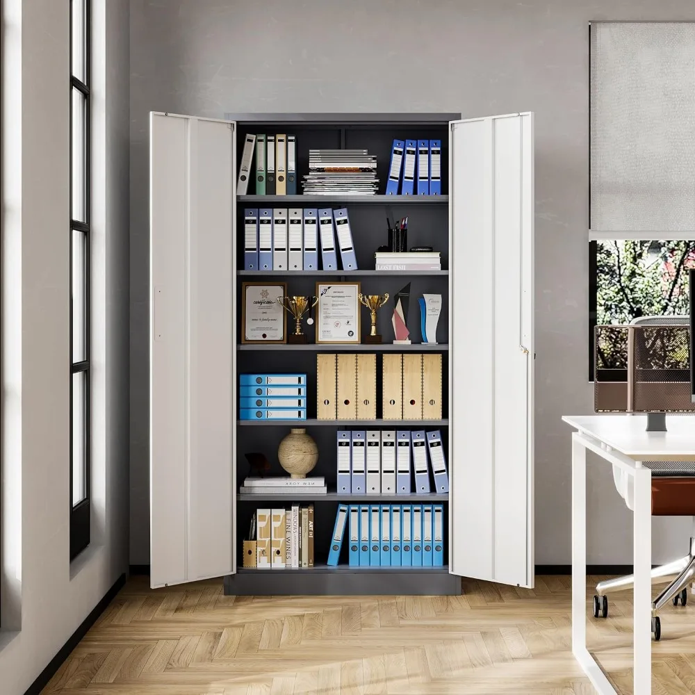 ตู้เก็บของโลหะสูง 71 นิ้ว พร้อมชั้นวางปรับระดับได้และประตูล็อคได้ สำหรับใช้ในโรงรถ สำนักงาน และบ้าน