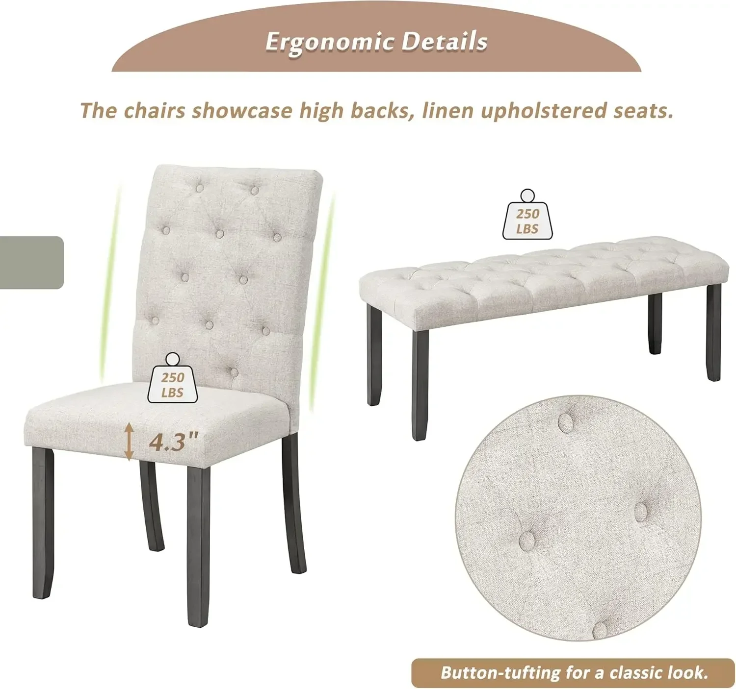 Conjunto de mesa de jantar de cozinha de 6 peças, mesa retangular de madeira de 72 polegadas com 4 cadeiras estofadas e um banco, conjunto de mesa de sala de jantar