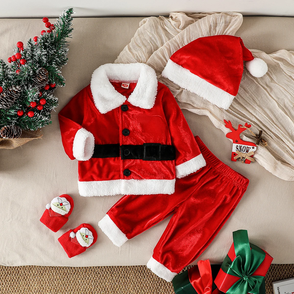 

2025 Cute Boy Christmas Cosplay Santa Claus Costume Baby Unisex Outfit 3 Piece Set Cardigan+Trousers For 0-1Y Clothes Suit+Hat