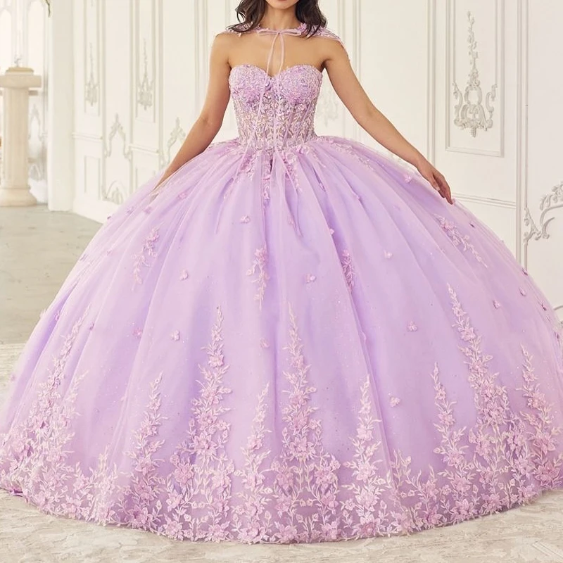 

Light Lilac Ball Gown Sweet 16 Year Old Quinceanera Dresses Applique Lace Beads Tull Party Birthday With Cape Vestidos 15 De