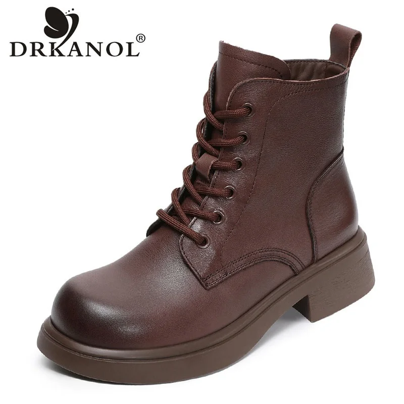 DRKANOL Fashion Women Thick Heel Ankle Boots Autumn Winter Round Toe Genuine Leather Side Zipper Soft Outside Casual Short Boots