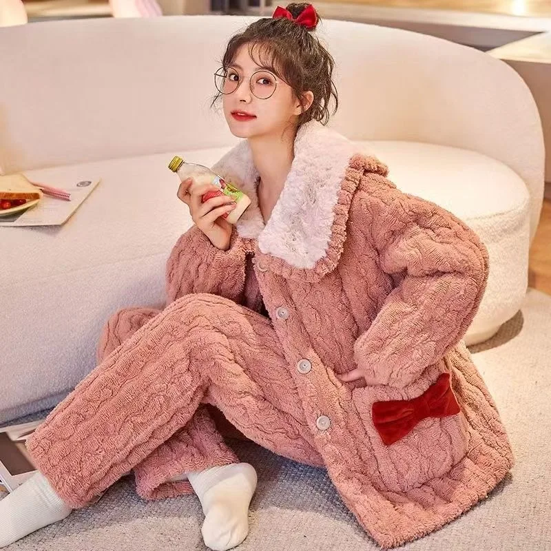 

2023 New Pajama Women Winter Coral Velvet Loungewear Three-layer Padded Cotton Velvet Sweet Flannel Homewear Two-piece Suit