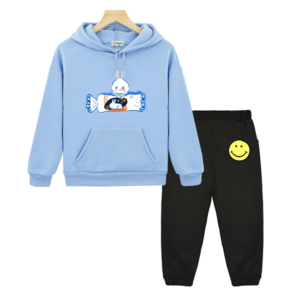 

Happy Rabbit Cute Milk Candy Printed Hoodies for Boy/Girls Cartoon Design Sense of Long-sleeved Personality Casual Loose Sets