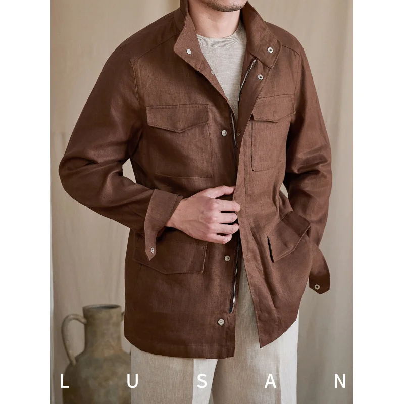 Spring/Summer Slim-Fit Stand-Collar Linen Long-Sleeve Jacket, Casual Breathable Lightweight Hunting Coat for Trendy Men