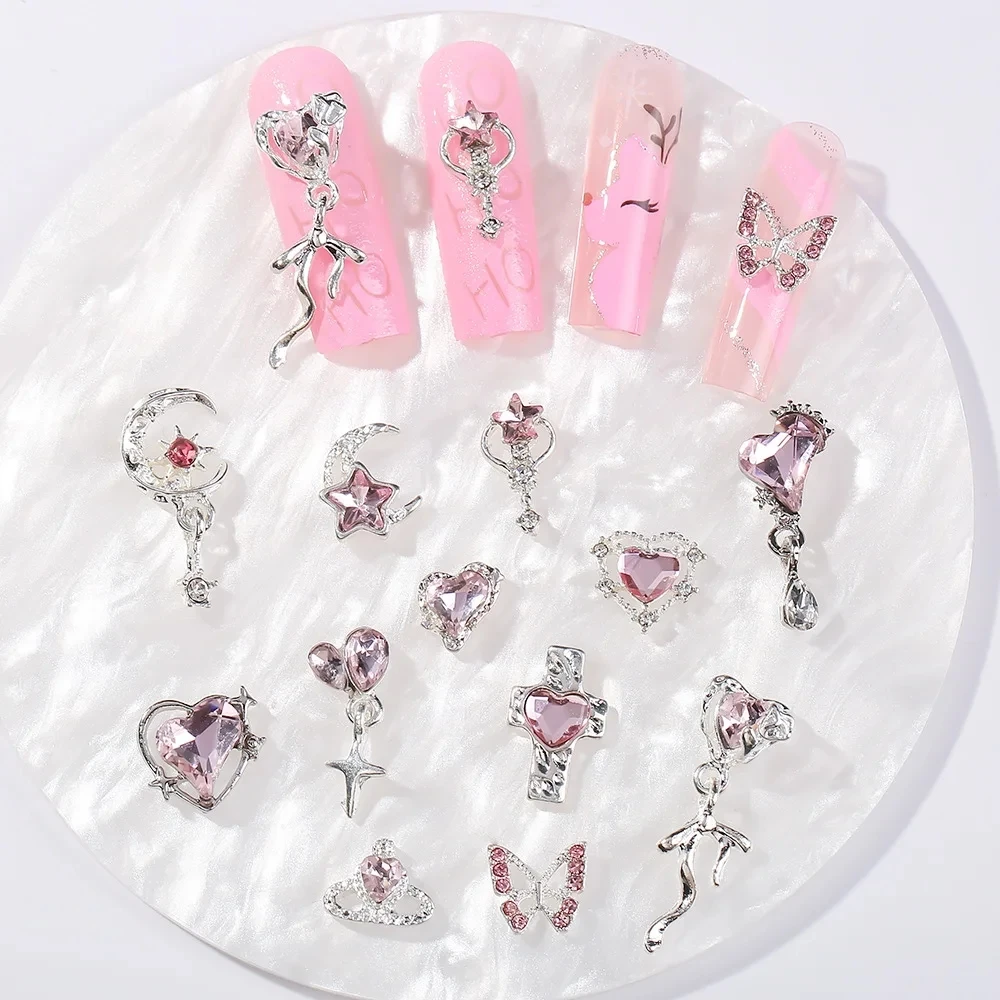 5pcs Flash Pink Nail Accessories Love Butterfly Star Cross Nail Art Charms Luxury Crystal Metal Pendant Nail Decorations Parts