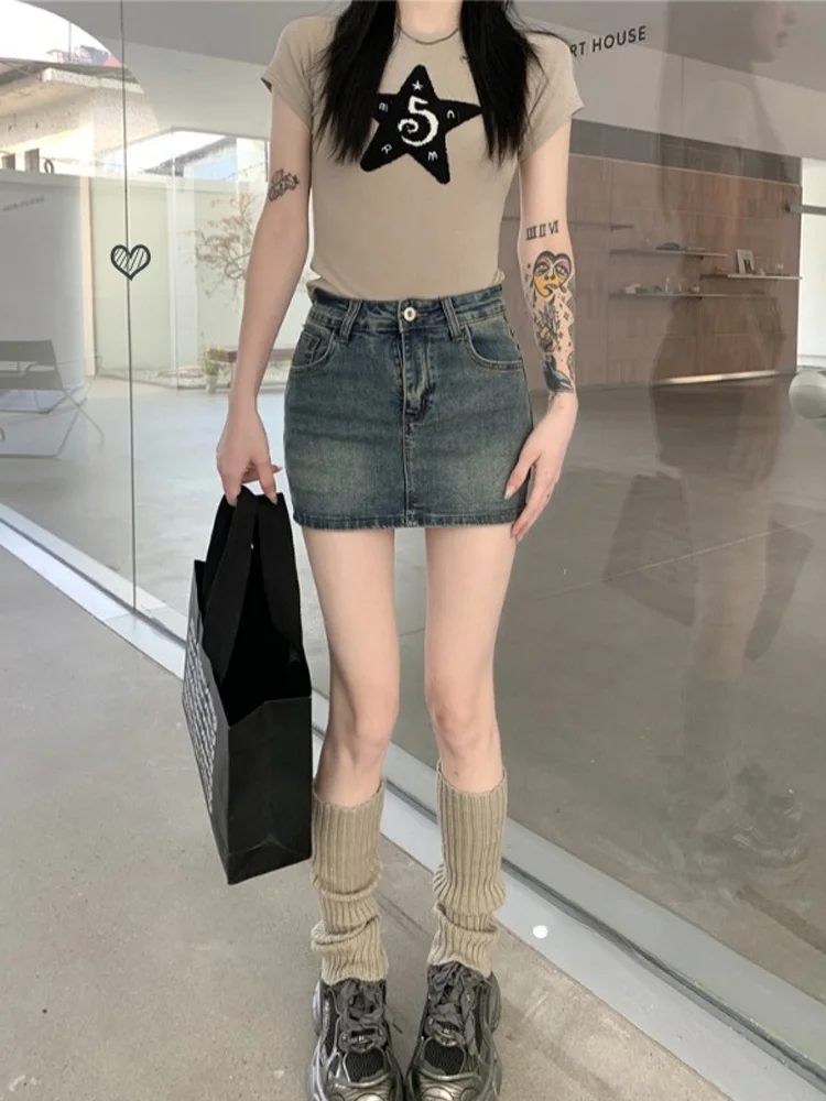 

Американская джинсовая юбка в стиле ретро с высокой талией, облегающая, больших размеров, с защитой от просвечивания, А-силуэт, женская летняя модная юбка